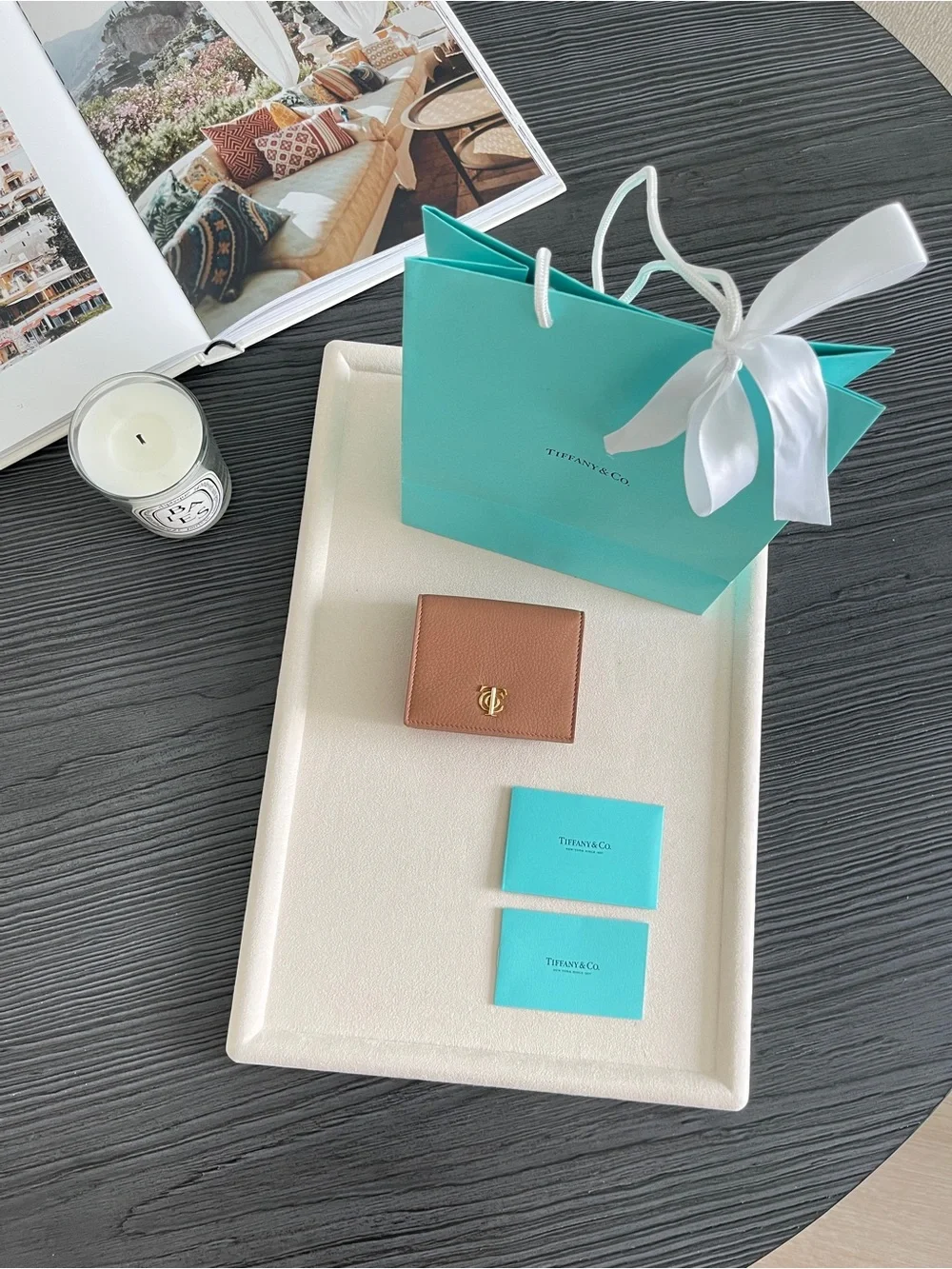 Tiffany & Co. Brown Pebbled Leather Tri-Fold Wallet Gold TC Logo NEW $650